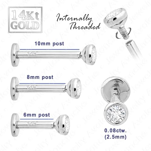 14K Gold Bezel Set 2.5mm (0.08ct) Diamond Labret Monroe Stud 16G 6mm-8mm-10mm Post Flat Disk Bottom Round Brilliant Cut Diamond Lip Ring Tragus Stud3