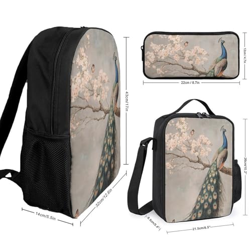 Peacock Cherry Blossoms Classic Backpack Lunch Bag Pencil Case 3 Piece Set Travel Daypack2