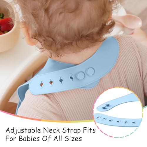 Mombella Baby Bibs, Silicone Bibs For Babies 6 Months Up With Adjustable Neck Strap 6 M+, Waterproof Soft Toddler Bibs For Boys Eating, Non-Toxic Feeding Bib Essentials, Blue, 2 Pack4