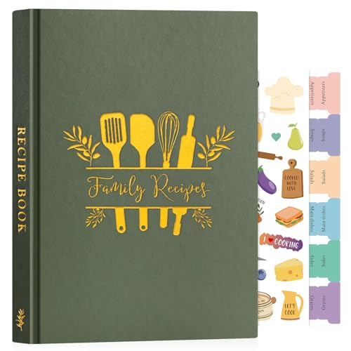 Lanpn Livro de Receitas Para 70 Receitas, B5 Meu Caderno de Receitas Capa Dura, Recetário de Cozinha para Escrever, Diário de Receitas, Caderno de Receitas de Cozinha em Branco, Verde, Inglês