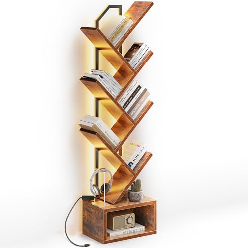 Casaottima Tree Bookshelf with LED Lights, 6-Tier Narrow Bookcase for Small Spaces, Tall Steel & Wood Storage Shelf with Cabinet, Home Decor & Organizer for Living Room/Bedroom/Home Office, Vintage by Casaottima - Image 2