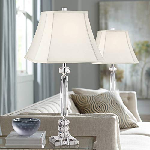 Mitzi Traditional Style Table Lamps Set of 2 Cut Crystal Column Silver Metal Geneva White Square Shade for Living Room Bedroom House Bedside Nightstand Home Office Family - Vienna Full Spectrum