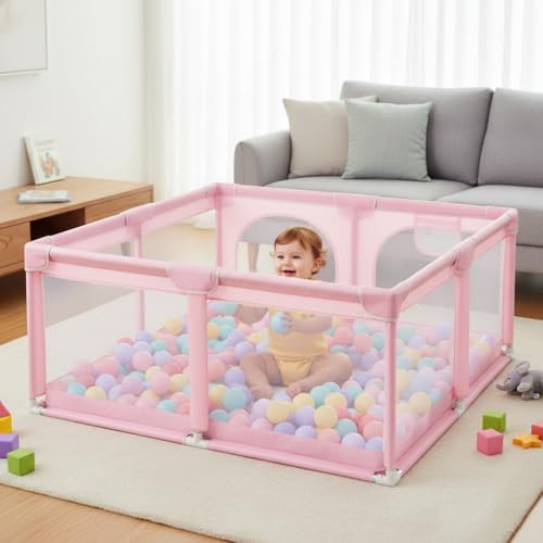 Image of ShivAnanta Baby Playpen for Home Indoor Kids Safety Play Fence with 30 Balls Mesh Play Area for 2+ Toddler Activity Zone Portable Baby Play Yard Anti Slip Child Play Space for Crawling Babies Secure Enclosure (Pink)