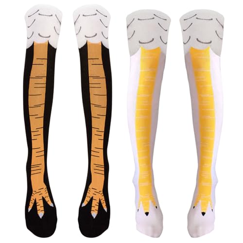 FUIPVGI 2 Paires Chaussettes Pattes de Poulet Amusantes - Pilons DrôLes Hauteur Genou, Taille Unique (Noir, Blanc)