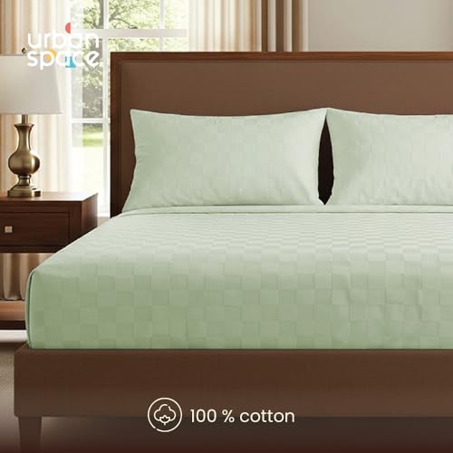 Image of Urban Space 100% Cotton 300TC Jacquard Fitted bedsheets for King Size Bed, Pure Cotton Bedsheet King Bed, Checks Fitted bedsheet King Size with 2 Pillow Covers (72 x 78 Inches, Tea Green Cubes)