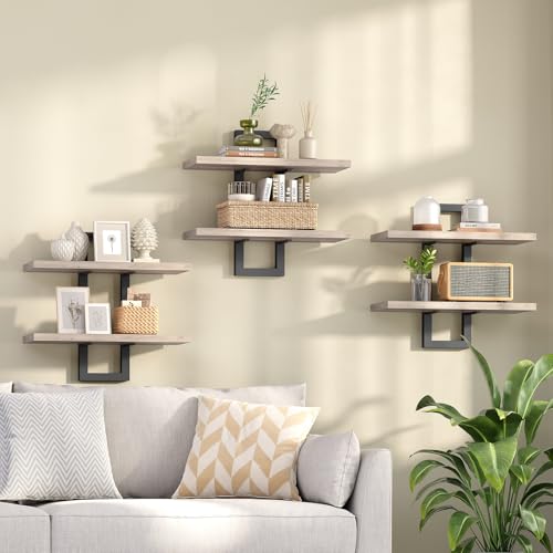 Image of HOOBRO Floating Shelves, 15 Inch Wall Shelf Set of 3, Wall Mounted Storage Shelves 2-Tier, Hanging Bathroom Shelves, for Living Room, Bedroom, Bathroom, Kitchen, Greige and Black BG32BJP301