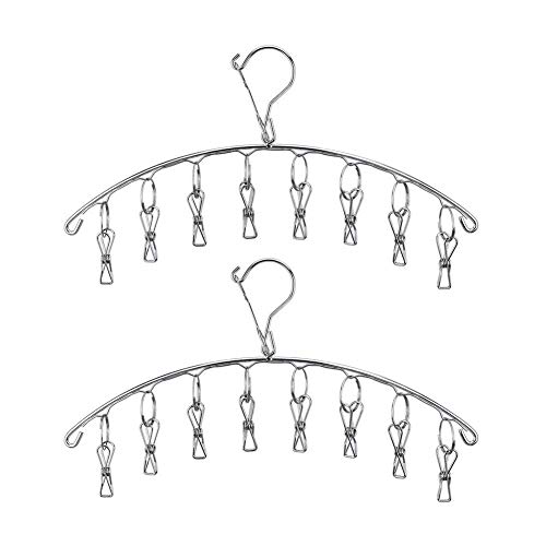 Toplife Stainless Steel Laundry Drying Rack Clothes Hanger with Windproof Hook, 8 Clips for Drying Socks, Towels, Diapers, Bras, Baby Clothes, Underwear, Socks, Gloves, Set of 2
