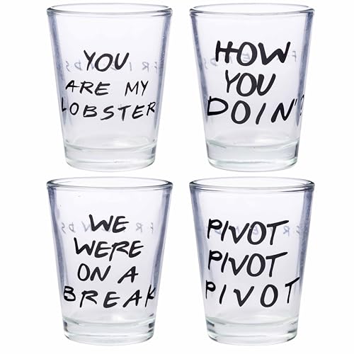 Image of Silver Buffalo Friends Iconic Quotes inchYou're My Lobster, inch inchHow You Doin' inch inchPivot, inch and inchWe Were On A Break! inch 4 Pack Mini Glasses, 1.5 Ounces