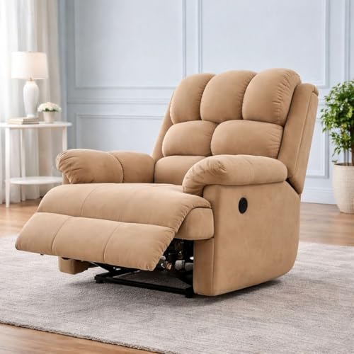 Image of Comfortable Single Seater Fabric Recliner Sofa Chair with Manual Push Back Mechanism & Extra Cushioning for Living Room, Color: Beige
