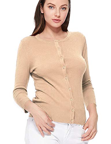 Image of Women's 3 /4 Sleeve Crew Neck Button Down Stretch Knit Cardigan Sweater (S-3XL)