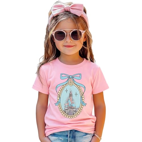 GLIGLITTR Magic Kingdom Castle Shirt for Toddler Girls Coquette Bow Graphic Cute T-Shirt Kids Holiday Vacation Summer Tee Top (Pink 18-24M)