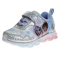 Disney Frozen LED Light up Shoes for Girls - Princess Anna and Elsa Lightweight Breathable Tennis Running Sneakers - Blue/Silver (Size 9 Toddler)