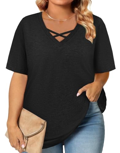 Plus Size Tops for Women Summer Trendy Criss Cross Shirts Oversized Casual Loose Fit Tunic Tops