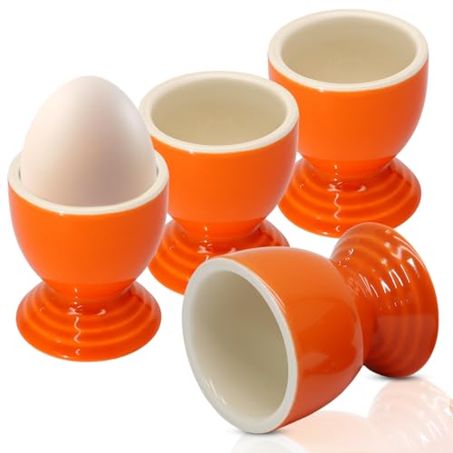 Image of Orange Egg Cup Set of 4, Stoneware Ceramic Boiled Egg Holder