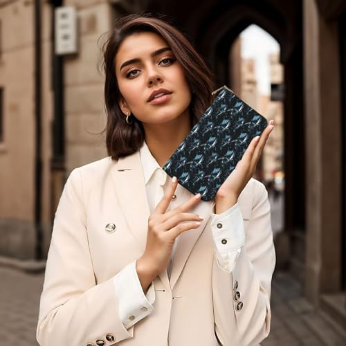 Leather Thin Slim Wallets for Women & Men - Blue Shark Robot Print Card Wallet Holder with Zipper 6