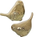 DRW Set de 2 Figuras de pajaros de Ceramica en Dorado 13x8x11 y 12x8x12cm