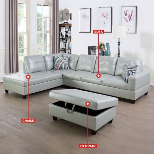 Image of L-Shaped 3-Piece Semi PU Synthetic Leather Sofa with Storage Ottoman Set, Sectional Couch Sofa Set for Living Room, Office, Small Space, Silver Green