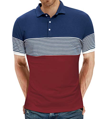 YTD Men's Short Sleeve Polo Shirts Casual Slim Fit Contrast Color Stitching Stripe Cotton Shirts