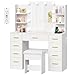 BEWISHOME Makeup Vanity Desk with Mirror and Lights White Vanity Table with Glass Top Power Outlet Stool,Makeup Desk with 9 Drawers and 4 Storage Shelves,Dressing Table for Bedroom Women FST39W