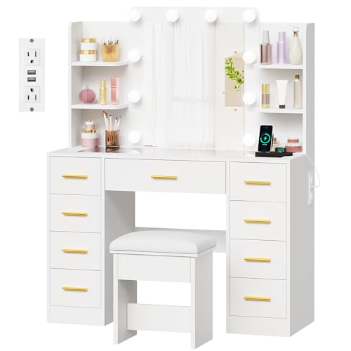 BEWISHOME Makeup Vanity Desk with Mirror and Lights White Vanity Table with Glass Top Power Outlet Stool,Makeup Desk with 9 Drawers and 4 Storage Shelves,Dressing Table for Bedroom Women FST39W
