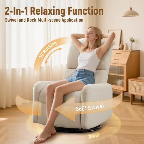 Image of Korser Recliner Chair, Nursery Rocker Chair with Side Pockets, Small Recliners for Small Spaces, Swivel Rocker Recliner Chair for Adults, Sherpa Swivel Accent Chairs for Living Room, Nursing