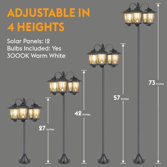 3-Head Solar Lamp Post Light, 73 Solar Lights Outdoor Waterproof, 60Lm 3000K Pathway Lights for Garden, Lawn, Yard