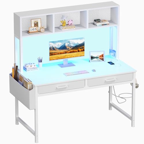 DLisiting White Study Desk with Hutch and Shelves - Computer Desk with 2 Storage Drawers, LED Light and Power Outlets, 47 Inch Working Modern Writing Study Desks for Bedroom Home Office