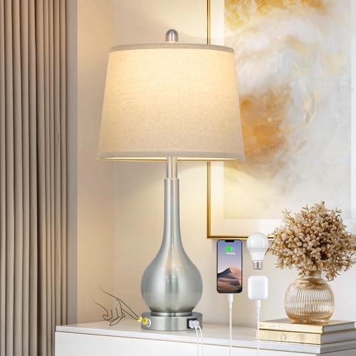 luxeflow 26" Silver Table Lamp for Bedroom, Touch Control Bedside Lamp for Nightstand with Charging Port, 3-Way Dimmable End Table Lamp for Living Room (1 Pack) — view 6