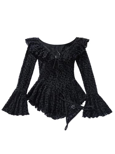 Image of Foxiny Sheer Ruffle Long Sleeve Babydoll Lingerie Dress | Off-shoulder neckline, flared cuffs and a flounce hem add movement; thong and thigh-high stockings complete the 3-piece set