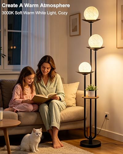 Image of Lightdot Globe Floor Lamp with Shelf 3-Lights Modern Dimmable Floor Lamps for Wedding /Party, 3000K Warm White Bulbs Included, Black Tall Standing Lamp with Grey Shade for Living Room /Bedroom