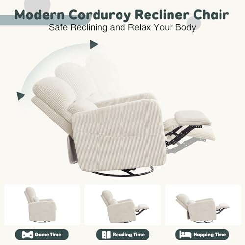 Image of Swivel Rocker Recliner, Oversized Manual Nursery Glider Rocking Recliner Chair with Removable Cushion, Upholstered Corduroy Swivel Reclining Chair for Nursery Living Room Bedroom, Cream White