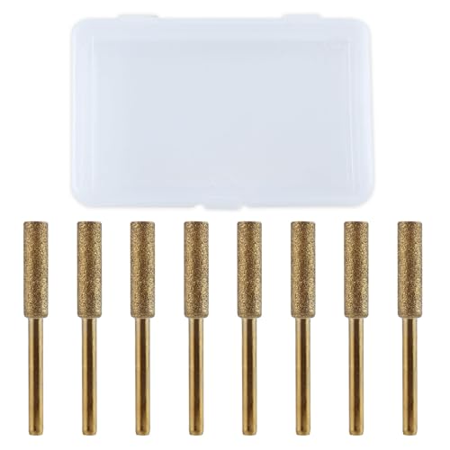 LEONTOOL 8 Pcs High Hardness Diamond Chainsaw Sharpener Bit 3/16 4.8mm Titanium Plated Burr Stone File Polishing Tool with 1/8 Shank Burr Grinding Stone File for Chain Saw Wood Jewelry Stone, Golden