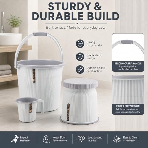 Image of Plastic Bathroom Set with Mug Patla /Stool | Bath Accessory Set (25 Liter Bucket+ 1 Liter Mug+Big Stool) (White)