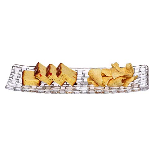 Image of Luxury Rectangular Clear Glass Dessert Platter 11 Inch Set of 1, Modern Textured Grid Serving Dish for Appetizers, Sushi, & Pastries, Elegant Presentation Tray