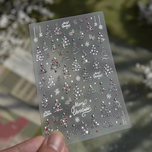 Image of Christmas Nail Stickers Holly Snowflake Nail Decals Silver Nail Art Decals | Festive Red & Green Xmas Tree Nail Stickers, 5D Embossed Self-Adhesive Decals for Women Holiday Season Manicure Charms Supply