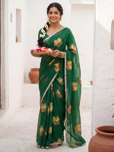Image of AKHILAM Women's Chiffon Ethnic Motif Print Zari Border Saree With Unstitched Blouse Piece (KNIKA2001 AI Parent)