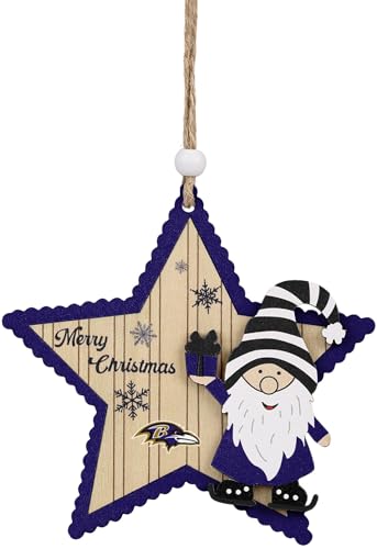 FOCO NFL Baltimore Ravens Wooden Star Ornament with Gnome – Officially Licensed Holiday Decoration