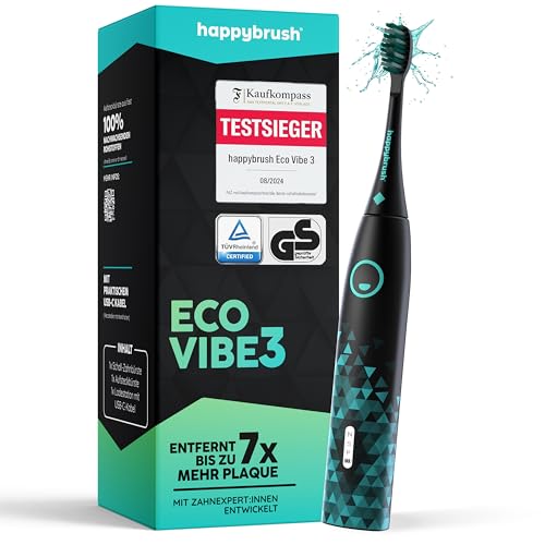 happybrush Cepillo de dientes sónico Eco Vibe 3 – Ganador de pruebas 2024 – 100 días – Cepillo de dientes eléctrico con batería de 6 semanas – Cepillos de dientes ultrasónicos – Negro/Menta