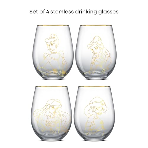 Image of JoyJolt Disney Princess Sketch Stemless Drinking Glasses, 19oz Glass Cups ft Princess Jasmine Ariel Belle Cinderella, Disney Princess Kitchen Glassware Set of 4, Disney Gifts for Adults
