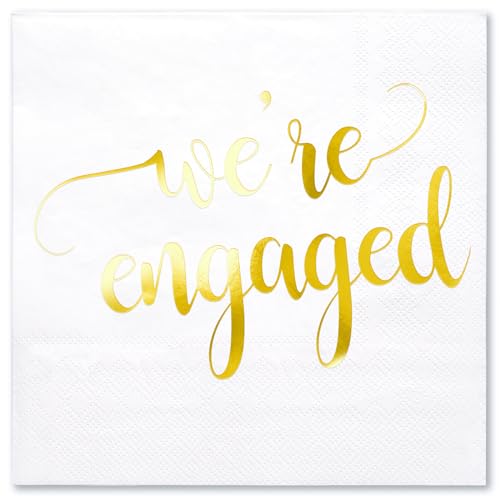 WRAPAHOLIC 50Pcs Gold We're Engaged Napkins - 3 Ply Disposable Paper Luncheon Napkin for Tableware Party Supplies - 6.5 x 6.5 In