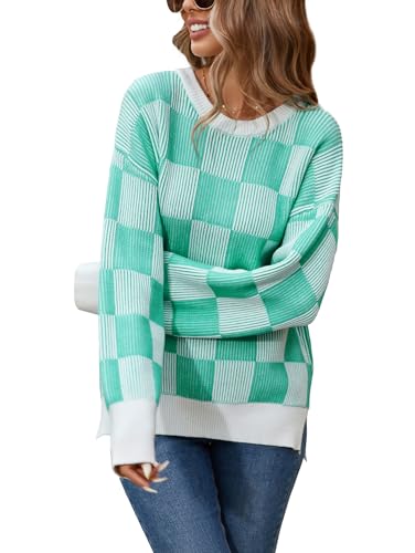 Image of Famulily Womens Long Sleeve Crew Neck Sweater Color Block Plaid Checker Pullover High Low Side Slit Pullover