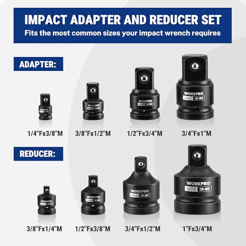 Image of WORKPRO 8-PC Impact Socket Adapter Set with Case, CR-MO Steel | 1 /4 inch,3 /8 inch,1 /2 inch,3 /4 inch,1 inch Drive Adapters, Impact Wrench Conversion Kit, Automotive & Mechanical Repair, Impact Grade