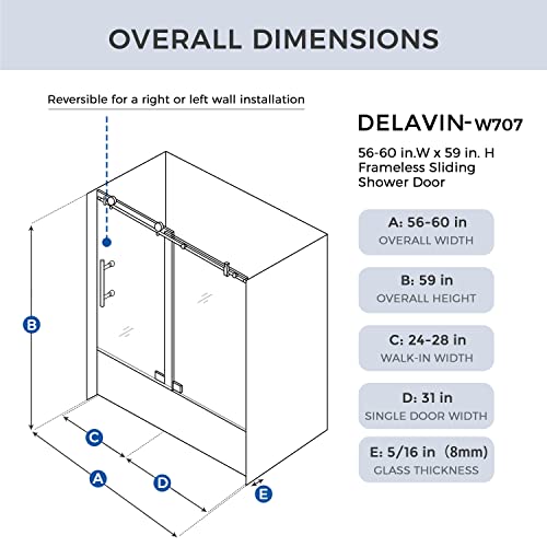 DELAVIN 56-60 in. W x 59 in. H Frameless Bathtub Door, Water Repellent Tub Shower Door with Reversible Handle, Bathtub Shower Door with 5/16\" (8mm) Certified Clear Tempered Glass, Stainless Steel