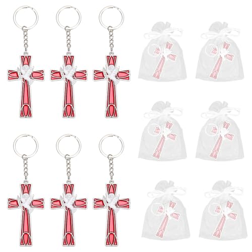 PEUTIER 6 Porta-chaves com cruz de pombo vermelho do Espírito Santo, porta-chaves com cruz e pombo com sacos de gaze presentes do Espírito Santo para convidados recordações de confirmação para
