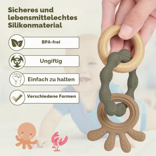 Vicloon Beißring für Babys, Beißring Spielzeug aus Silikon und Holzringe, Baby Zahnungshilfe BPA-frei… – Ansicht 5