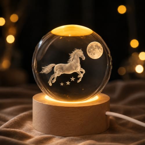 Image of Desidiya 3D Crystal Moon with Horse Night Light | Engraved Crystal Ball LED Night Light with Wooden Base, USB Powered | Romantic Home Decor & Valentine's Day Gift for Her, Him & Couples (Warm White)
