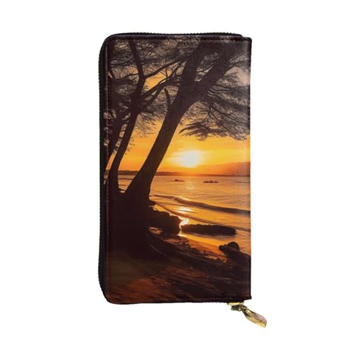 Portefeuille en cuir avec support de téléphone et motif arbres coucher de soleil noir