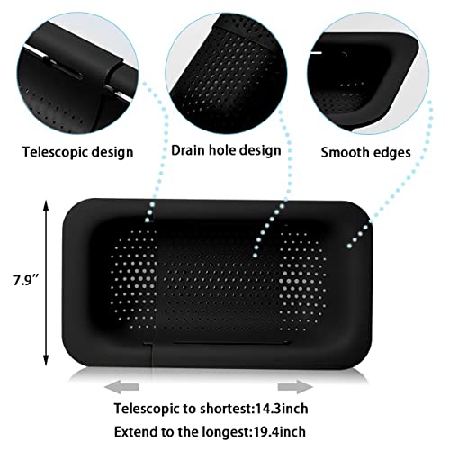 Image of Collapsible Sink Colanders and Strainers Basket Extendable Plastic Fruit Vegetable Strainer Drainer Basket for Kitchen (Length 13.6 inch-18.7 inch) (Black) 6 * 10