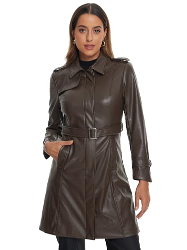 Allegra K Faux Leather Long Jacket for Women's Lapel Slim Fit Long Sleeve Zip Coat