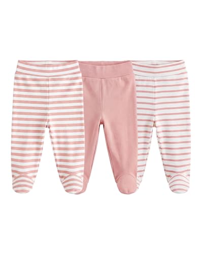 Image of JiAmy 3PCS Newborn Baby Boys Girls Trousers with Feet Cotton High Waist Footed Pants Pink Pants 9-12 Months